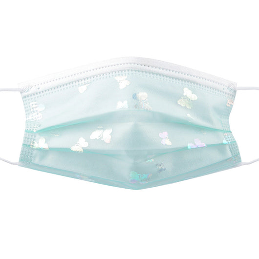 Light blue disposable face mask with iridescent butterfly patterns and white ear loops for dust protection. - Image 22