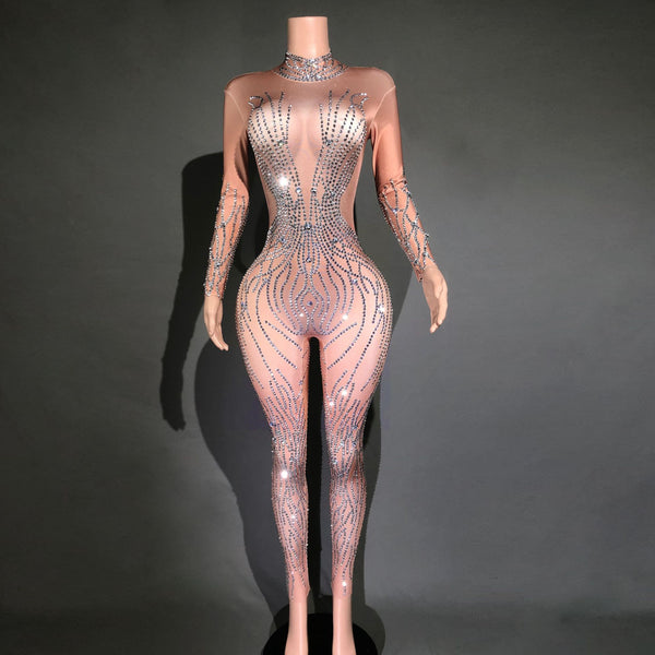 Jumpsuit Ajustado con Rayas y Cristales Brillantes para Mujer