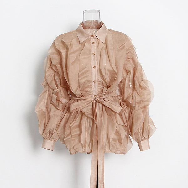Camisa Casual Suelta con Cuello Solapa y Cordones - Diseño Irregular