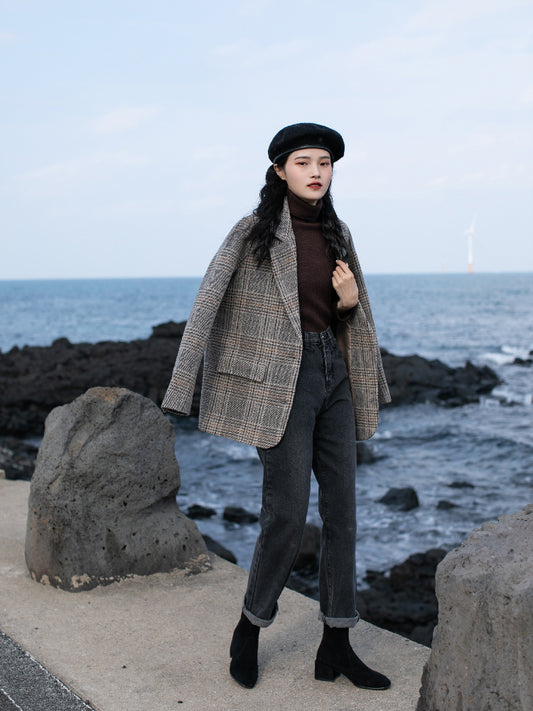Blazer de Cuadros de Lana para Mujer - Abrigo Corto Cálido Otoño Invierno