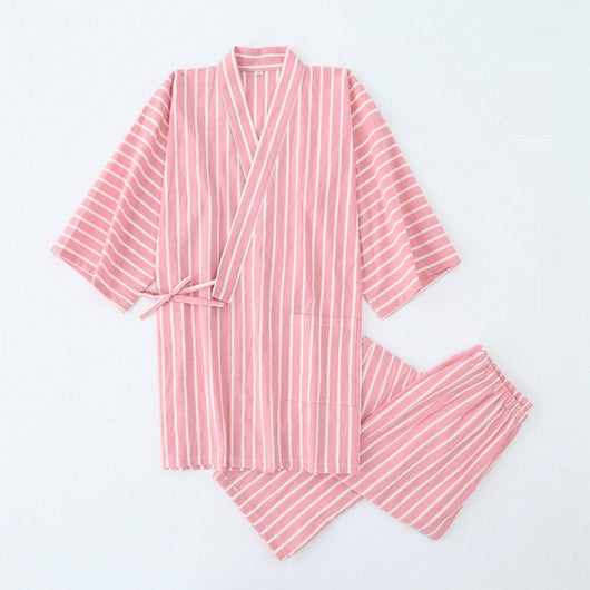 Pijama de Algodón Rayado para Pareja - Conjunto Kimono Japonés Cómodo - Image 3