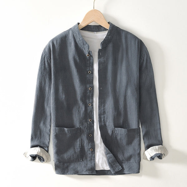 Camisa Lino Cuello Mao Manga Larga Transpirable Estilo Asiático para Hombre