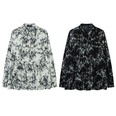 Camisa Suelta Estampado Bosque de Bambú para Hombre