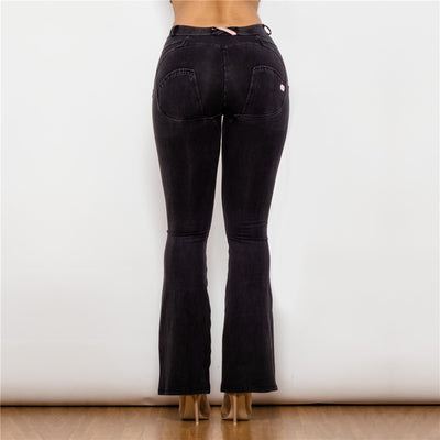 Pantalón Jean Negro Recto Cintura Media Pierna Ancha Levantacaderas con Elástico - Image 4