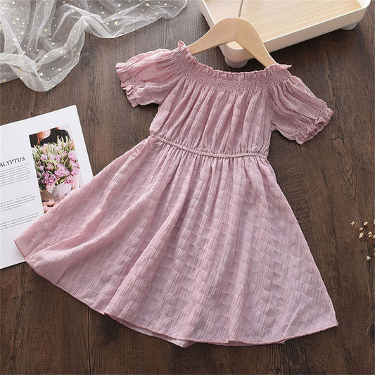 Vestido Infantil de Gasa con Cuello de Encaje y Manga Corta