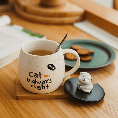 Taza de Cerámica con Tapa y Cucharilla para Café - Diseño Gato