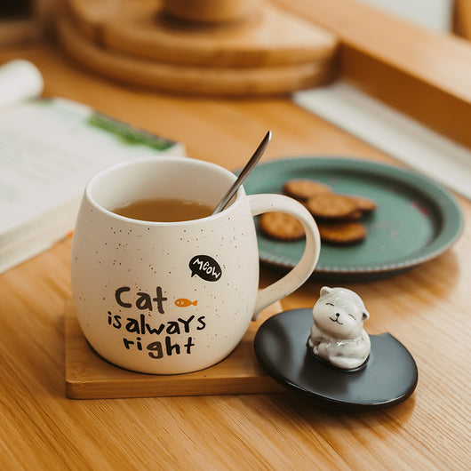 Taza de Cerámica con Tapa y Cucharilla para Café - Diseño Gato