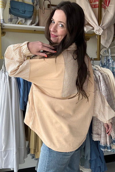 Blusa Holgada de Manga Larga con Rayas Patchwork y Hombro Descubierto - Image 11