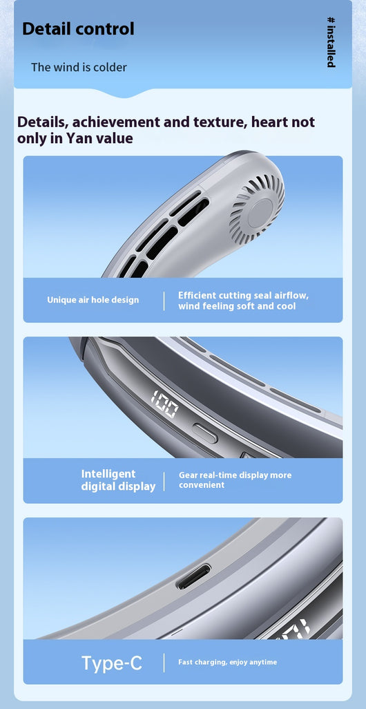 Ocean blue portable neck fan with digital display, showing 100 fan speed, designed for outdoor sports and personal cooling. - Image 16