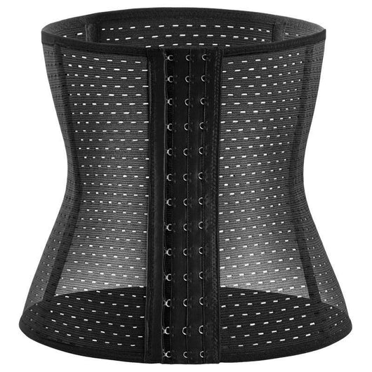 Beige steel-boned waist trainer corset with a hook-and-eye front closure and perforated, breathable fabric. - Image 9