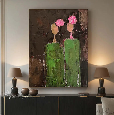Cuadro Abstracto al Óleo Pintado a Mano - Arte Wabi Sabi Verde Texturizado para Dormitorio