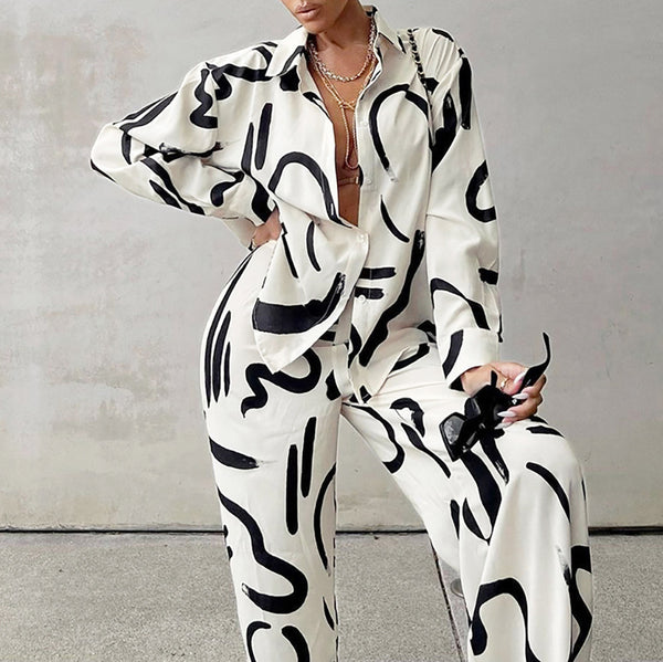 Conjunto Elegante de Blusa Estampada y Pantalón Palazzo de Cintura Alta - Image 3