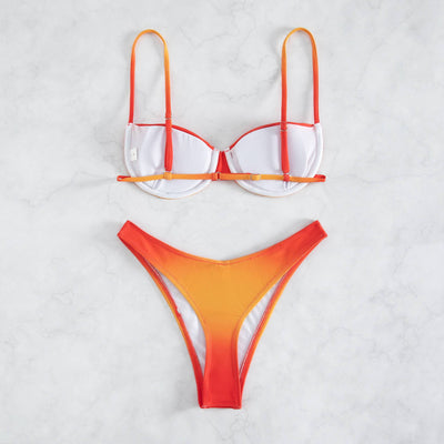 Gradient brown, orange, and green two-piece bikini swimsuit with a bandeau top and high-cut thong bottom. - Image 19