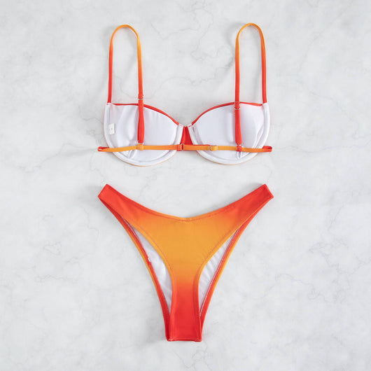 Gradient brown, orange, and green two-piece bikini swimsuit with a bandeau top and high-cut thong bottom. - Image 19
