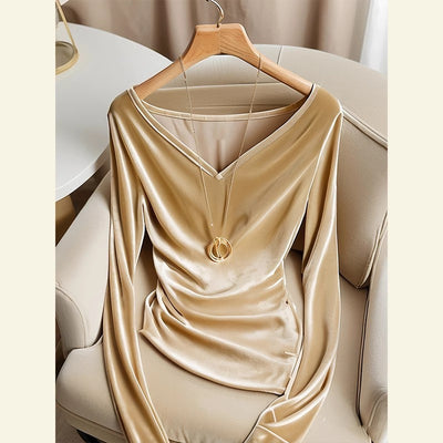 Blusa Champagne Escote V Manga Larga Plisada Terciopelo para Invierno - Image 5