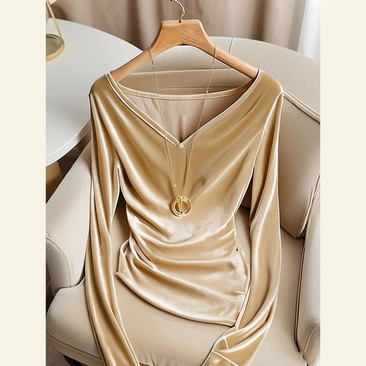 Blusa Champagne Escote V Manga Larga Plisada Terciopelo para Invierno - Image 5