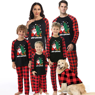 Men's Christmas pajama set with a black long-sleeve top featuring Santa, a Christmas tree, and Max, the Grinch's dog, with "Merry Grinchmas" text, paired with r