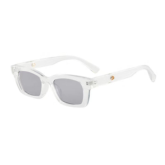 Transparent gray frame sunglasses with dark gray rectangular lenses and small gold accents on the temples. - Image 9