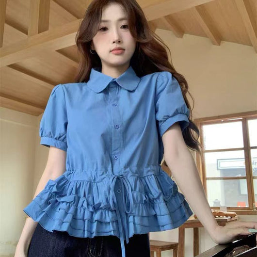 Blusa Juvenil Azul con Cuello de Muñeca y Mangas Abullonadas