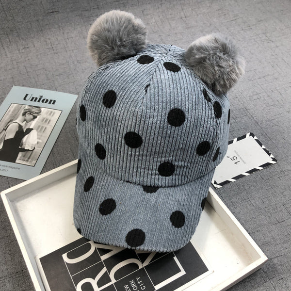 Gorro de Pana con Pompones de Pelaje de Conejo para Otoño e Invierno - Image 4