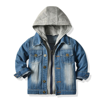 Children's blue denim jacket with a faded wash and a gray hooded insert, featuring front buttons and chest pockets. - Image 2