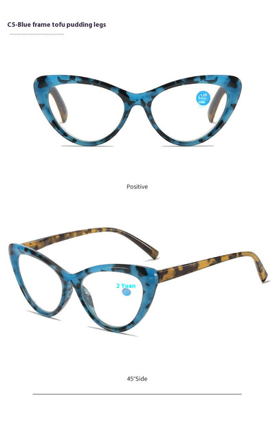 Black cat-eye anti-blue light reading glasses with green patterned temples on a white background. - Image 17