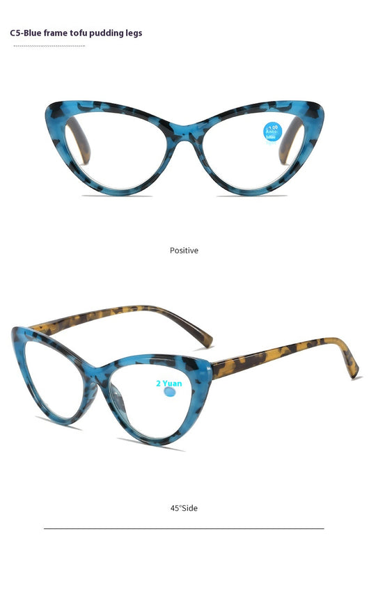 Black cat-eye anti-blue light reading glasses with green patterned temples on a white background. - Image 17