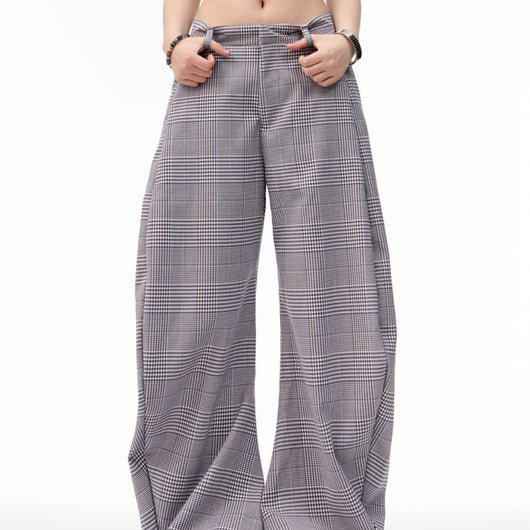 Pantalones Anchos Patchwork Retro Americano a Cuadros para Mujer - Image 11