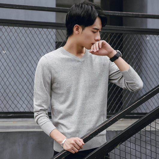 Suéter de Punto Coreano Slim Fit Cuello V Color Sólido Algodón Premium - Image 3