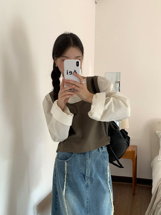 Blusa Minimalista Francesa de Dos Capas con Manga Larga para Mujer - Image 7