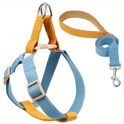 Yellow and purple no-pull dog harness with adjustable nylon straps, plastic buckles, and metal D-rings. - Image 8