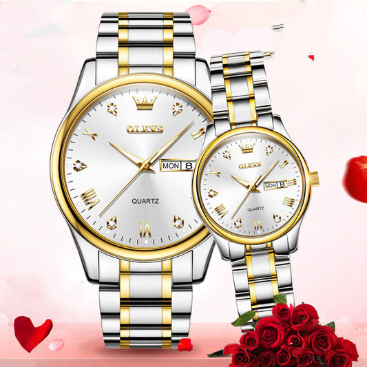 Reloj de Pareja Cuarzo Oro con Diamante Luminoso Resistente al Agua