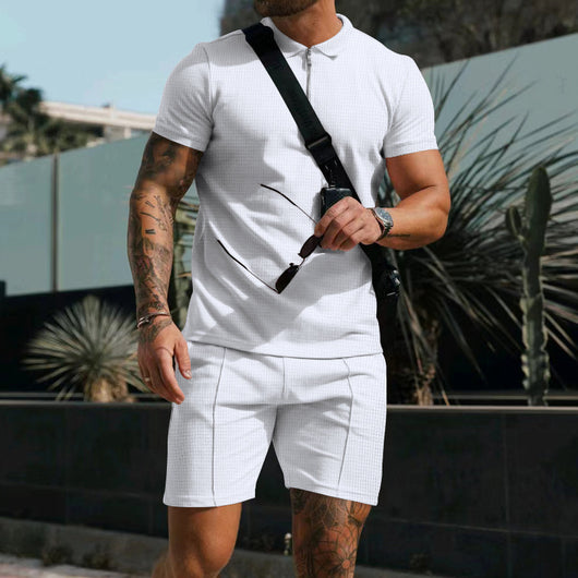 Conjunto Casual de Dos Piezas en Waffle para Hombre - Playera y Shorts con Cremallera - Image 13
