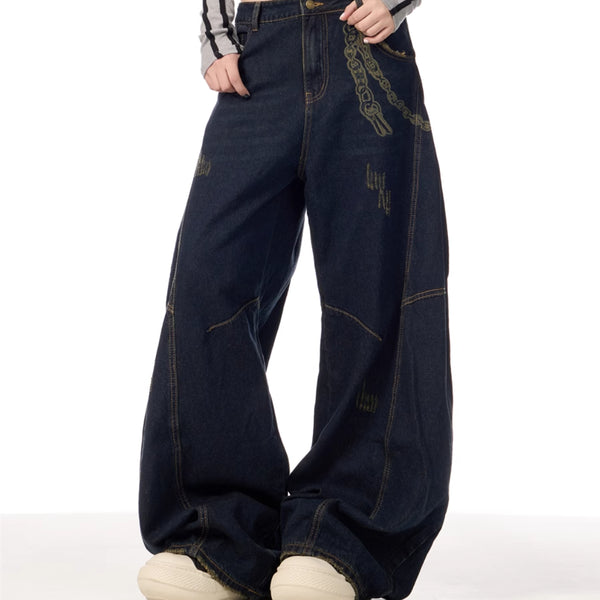 Overol Denim Retro Patchwork de Pierna Ancha para Mujer