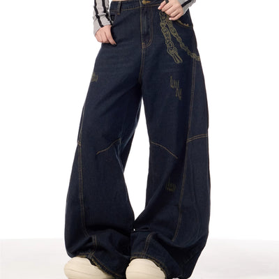 Overol Denim Retro Patchwork de Pierna Ancha para Mujer