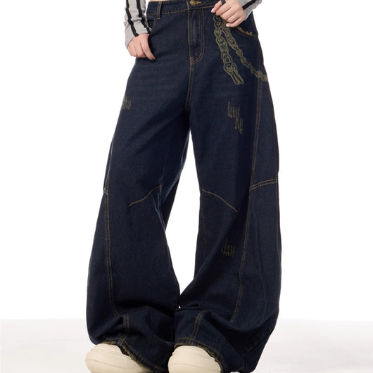Overol Denim Retro Patchwork de Pierna Ancha para Mujer
