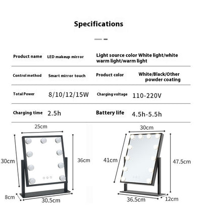 Black desktop LED light mirror with nine bright bulbs, smart touch controls, and stepless dimming for dressing. - Image 13