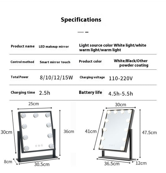 Black desktop LED light mirror with nine bright bulbs, smart touch controls, and stepless dimming for dressing. - Image 13