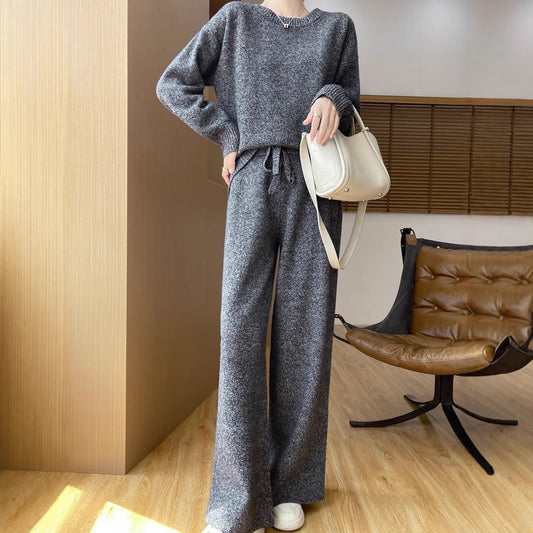 Conjunto de Abrigo Tejido Grueso Lana Australiana - Suéter Escote Redondo Estilo Occidental + Pantalón Recto