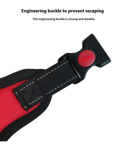 Blue and black pet harness with reflective stitching, a top handle, and red quick-release buckles. - Image 26