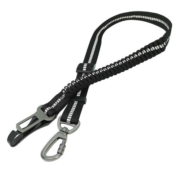 Black reflective pet car seat belt with elastic buffer, seat belt buckle, and metal carabiner clip. - Image 5