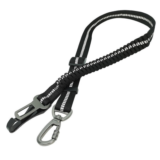 Black reflective pet car seat belt with elastic buffer, seat belt buckle, and metal carabiner clip. - Image 5