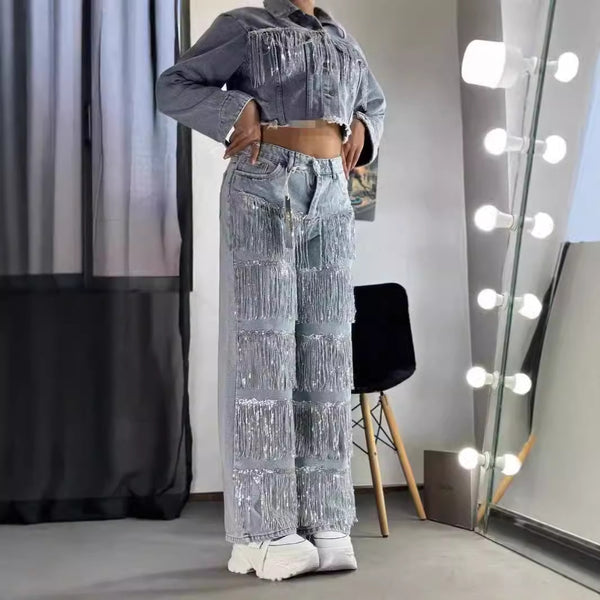 Jeans Rectos con Lentejuelas y Borlas