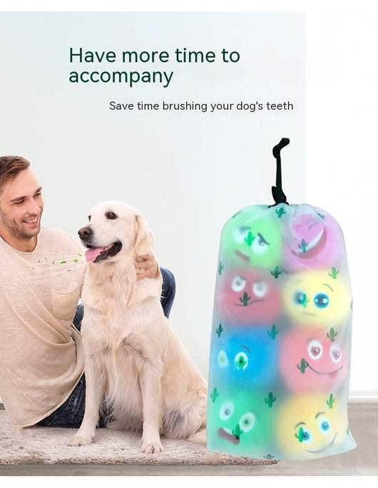 Colorful pet cat and dog toys, round balls with cartoon faces, packaged in a clear drawstring bag with cactus print. - Image 7