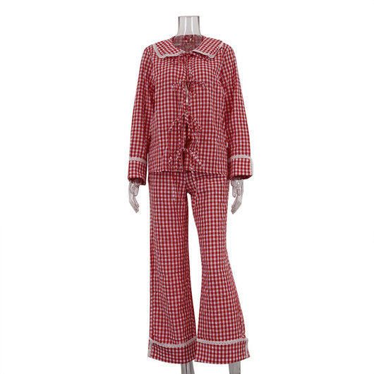 Conjunto Dos Piezas: Blusa Cuadros Suelta con Cordones y Pantalón Ancho - Image 5