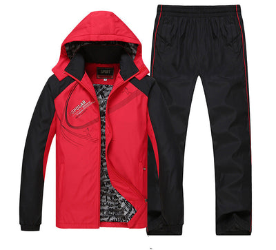 Men's blue and navy hooded tracksuit with full-zip jacket and matching pants, featuring a 'POPULAR' graphic.