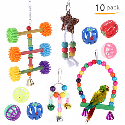 10-pack of colorful wooden and plastic bird toys, including swings, perches, and hanging bell toys for pet birds. - Image 7