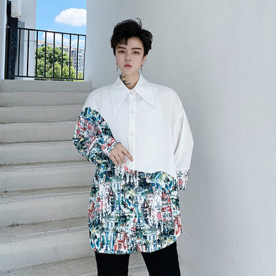Camisa Suelta Asimétrica con Estampado de Arquitectura Graffiti para Hombre