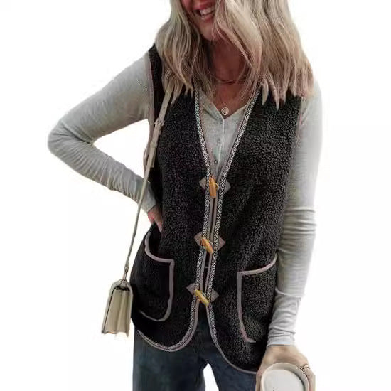 Chaleco Cardigan Sin Mangas de Contraste de Colores en Felpa para Mujer
