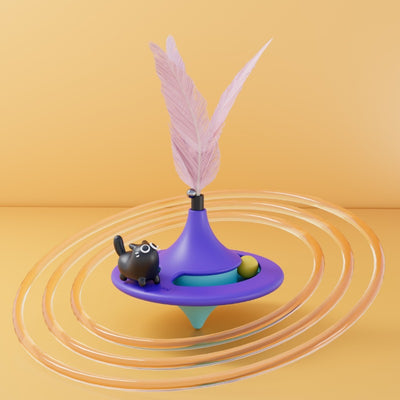 Orange and blue cat turntable toy with purple feathers, hanging from a clear suction cup on a white background. - Image 4